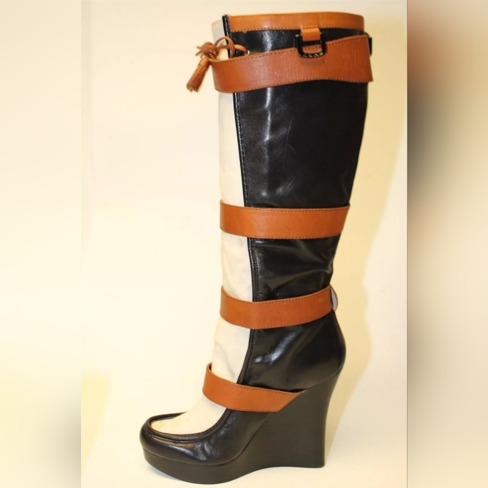 L.A.M.B. Baby  7.5 39 Leather Wedge Strap Knee High Boots - Picture 8 of 15